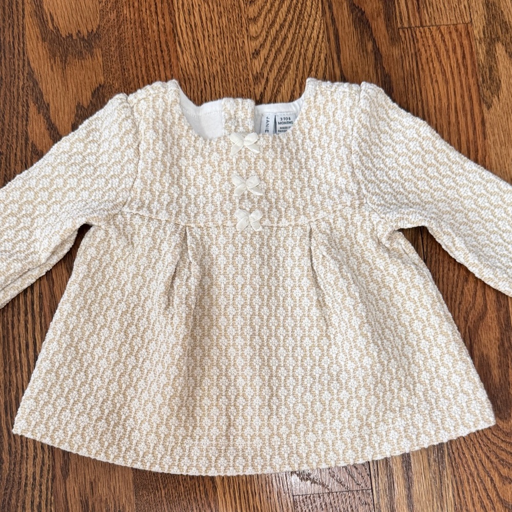 Janie and Jack Cream Textured Dress & Bloomers 3-6M